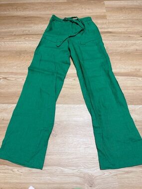 Wide-Leg Green Linen-Blend Pull-On Pants with Tie Waist